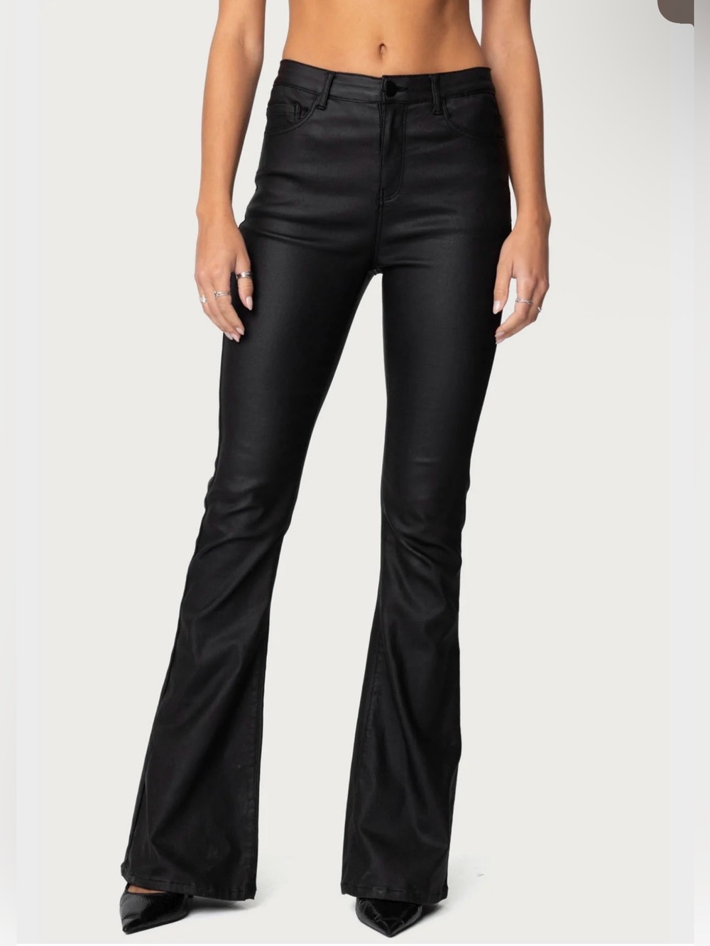 Edikted Luna Faux Leather Flare Pants Size XS Black High Rise Wide Leg Y2K